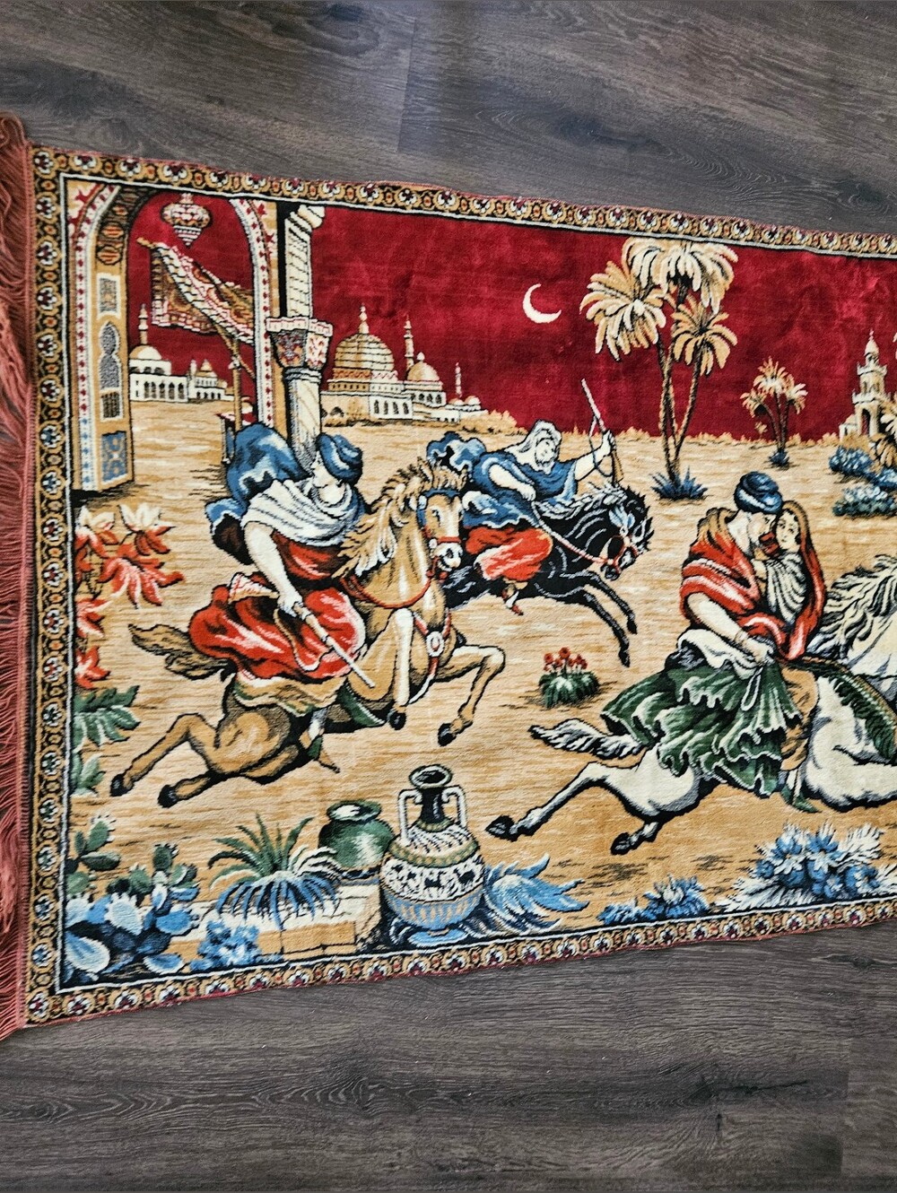 Oriental Horsemen Tapestry Wall Hanging - Red, Tan, Blue